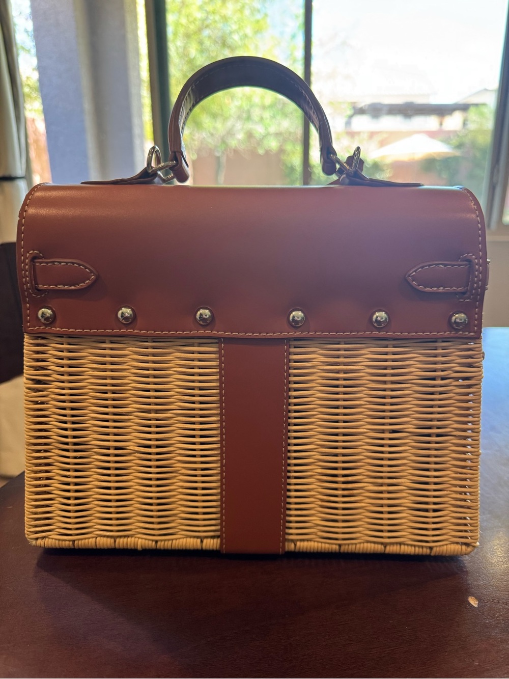 Woven Rattan Picnic Top-Handle Bag with Brown Leather Trim - Picture 3 of 7